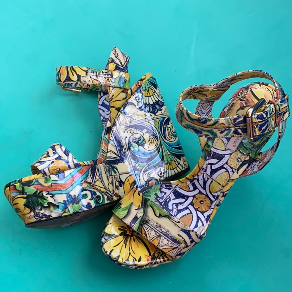 Dolce & Gabbana Yellow Blue Floral Print Wedge Sandals